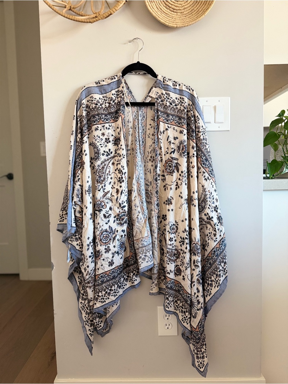 Patrons of Peace Boho Floral Kimono in Cream and Blue, Small